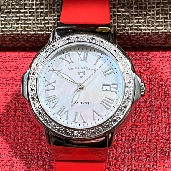 SWISS LEGEND SOUTH BEACH PRE-LOVED AUTHENTIC DIAMONDS RED STRAP SILICONE WATCH. - Picture 1 of 16